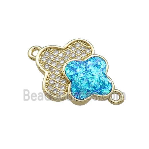 Copper Clover Connector Pave Blue Fire Opal Zircon Double 18K Gold Plated