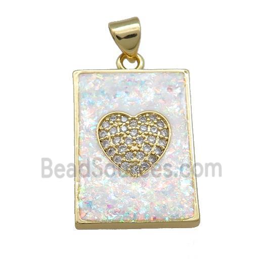 Copper Rectangle Pendant Pave White Fire Opal Zircon Heart 18K Gold Plated