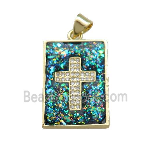 Copper Rectangle Pendant Pave Green Fire Opal Zircon Cross 18K Gold Plated