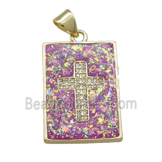 Copper Rectangle Pendant Pave Fire Opal Zircon Cross 18K Gold Plated