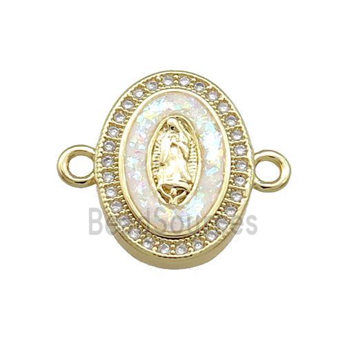 Copper Oval Connector Pave White Fire Opal Virgin Mary Charms 18K Gold Plated