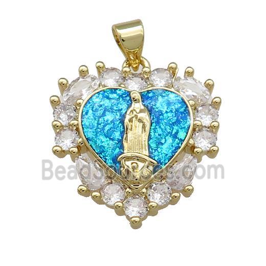 Virgin Mary Charms Copper Heart Pendant Pave Blue Fire Opal Zircon 18K Gold Plated