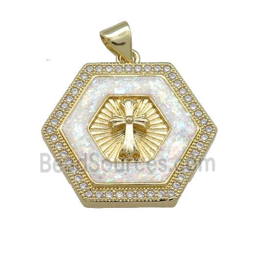 Copper Hexagon Pendant Pave White Fire Opal Zircon Cross 18K Gold Plated