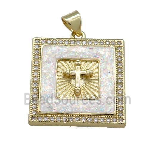 Copper Square Pendant Pave White Fire Opal Zircon Cross 18K Gold Plated