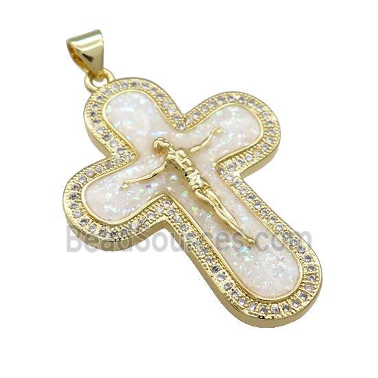 Copper Crucifix Cross Pendant Pave White Fire Opal Zircon Jesus 18K Gold Plated