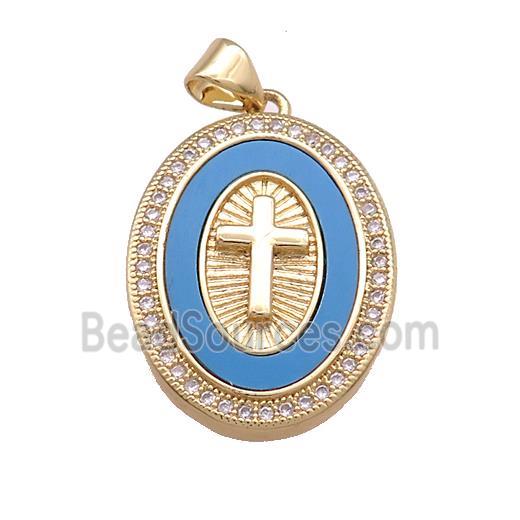 Copper Cross Pendant Pave Blue Shell Zircon Oval 18K Gold Plated