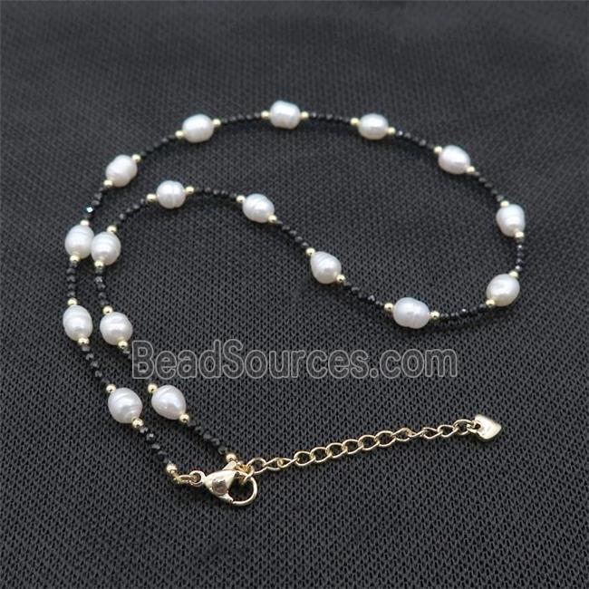 White Pearl Necklace With Black Spinel