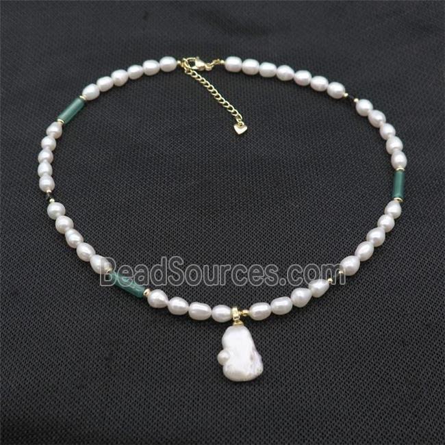 White Pearl Necklace Green Dye Agate