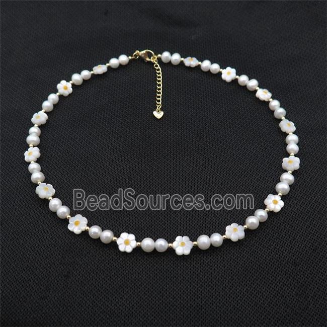 White Pearl Necklace With MOP Shell Flower