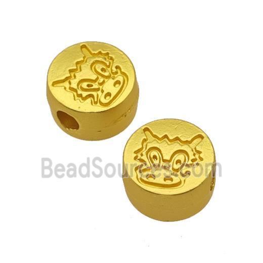 Alloy Coin Beads Large Hole Dancing Lion Matte Gold Plated