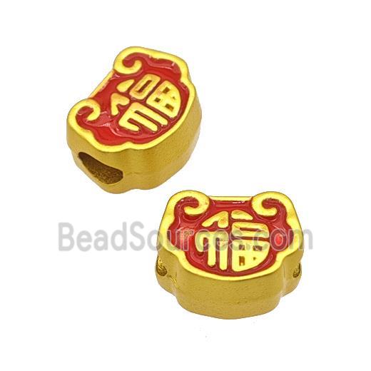 Chinese Lucky Fu Lock Beads Alloy Large Hole Red Painted Matte Gold Plated