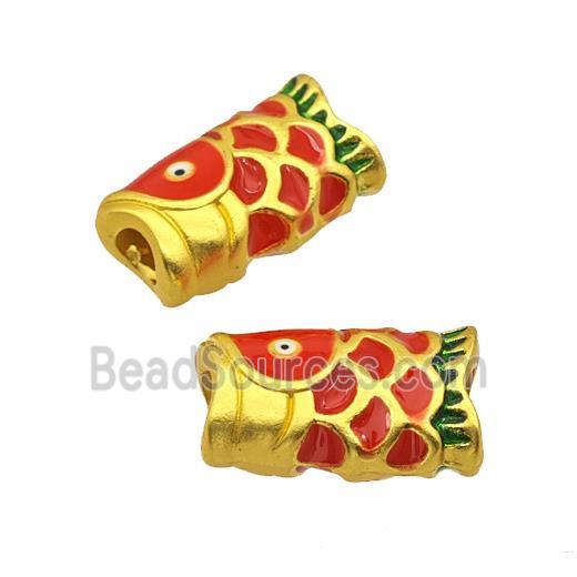 Alloy Fish Charms Beads Large Hole Red Painted Matte Gold Plated