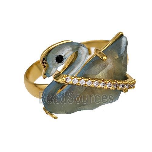 Copper Swan Rings Pave Acrylic Zirconia Adjustable Gold Plated