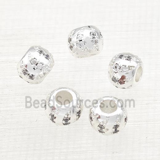 Copper Round Beads Pave Zircon Large Hole Shiny Silver Plated