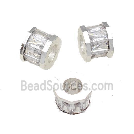 Copper Tube Beads Pave Zircon Large Hole Shiny Silver Plated