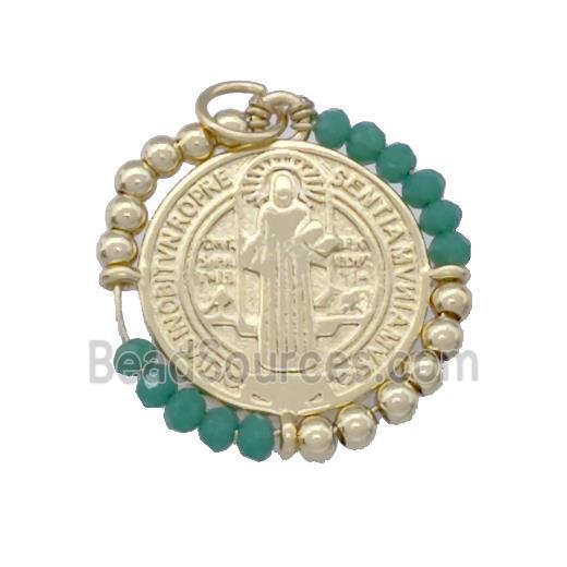 Jesus Charms Copper Circle Pendant With Green Crystal Glass Wrapped Gold Plated