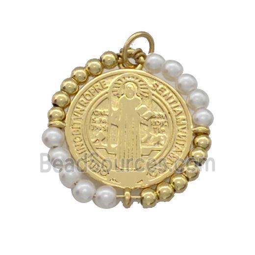 Jesus Charms Copper Circle Pendant With White Pearlized Glass Wrapped Gold Plated