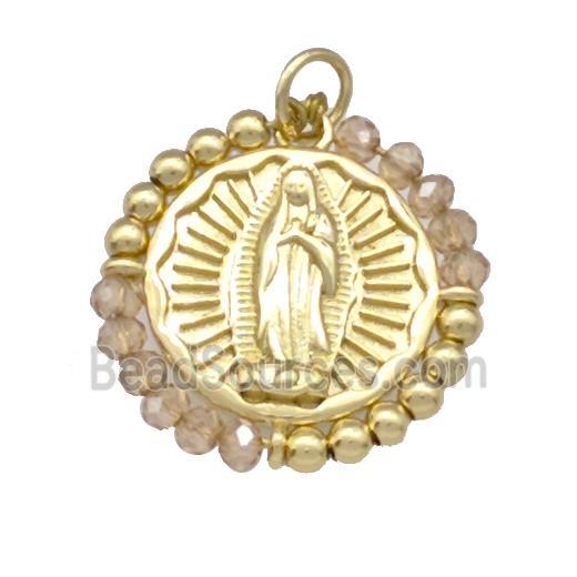 Virgin Mary Charms Copper Circle Pendant With Champagne Crystal Glass Wrapped Gold Plated