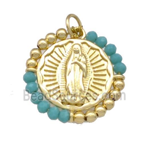 Virgin Mary Charms Copper Circle Pendant With Green Crystal Glass Wrapped Gold Plated