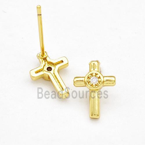 Copper Cross Stud Earrings Pave Zirconia Gold Plated