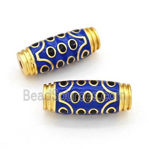 Tibetan Style Copper Barrel Beads Eye Blue Enamel Gold Plated