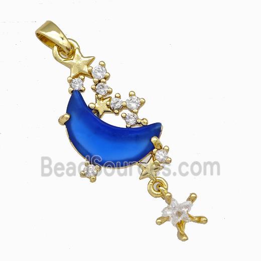 Copper Pendant Pave Zirconia Blue Crystal Glass Moon Gold Plated