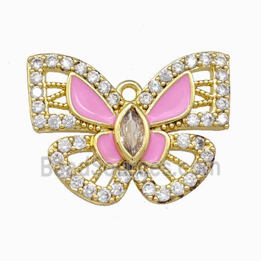 Copper Butterfly Pendant Pave Zirconia Pink Enamel Gold Plated