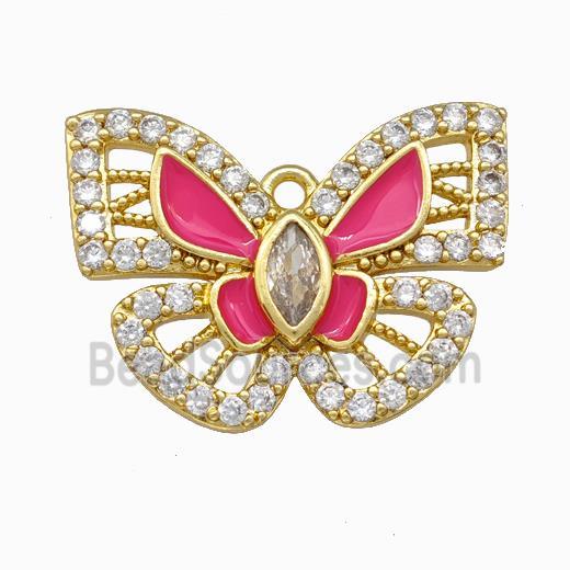 Copper Butterfly Pendant Pave Zirconia Hotpink Enamel Gold Plated