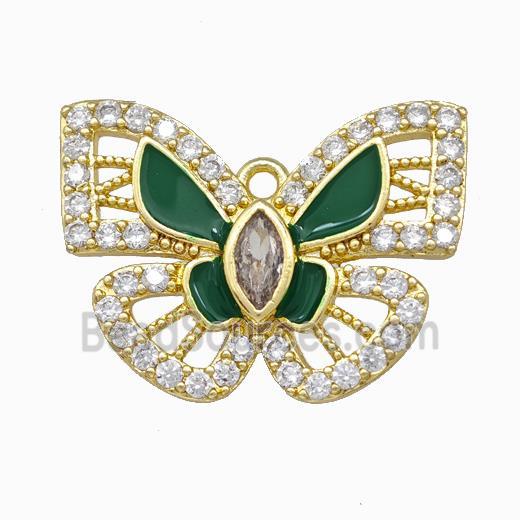 Copper Butterfly Pendant Pave Zirconia Green Enamel Gold Plated