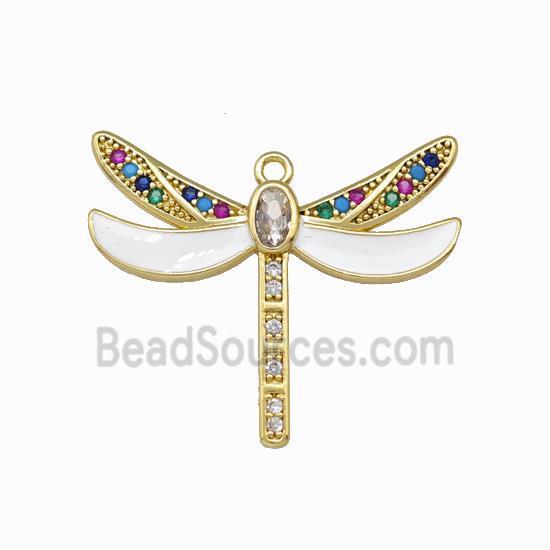 Copper Dragonfly Pendant Pave Zirconia White Enamel Gold Plated