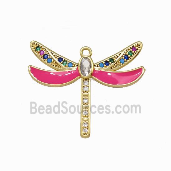 Copper Dragonfly Pendant Pave Zirconia Hotpink Enamel Gold Plated