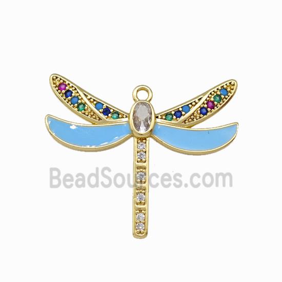 Copper Dragonfly Pendant Pave Zirconia Blue Enamel Gold Plated