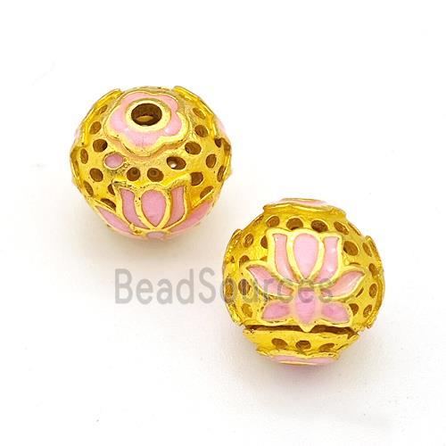 Copper Round Beads Pink Painted Flower Hollow Gold Plated