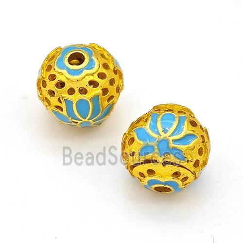 Copper Round Beads Blue Painted Flower Hollow Gold Plated