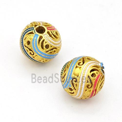 Copper Round Beads Multicolor Painted Hollow Gold Plated