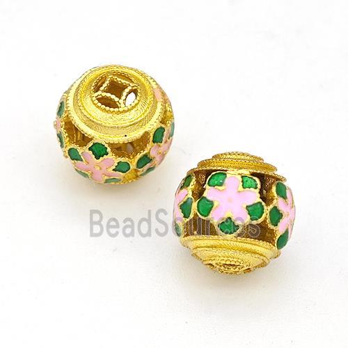 Copper Round Beads Multicolor Painted Hollow Gold Plated