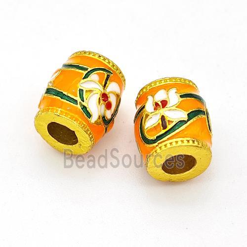 Copper Barrel Beads Multicolor Painted Flower Large Hole Gold Plated