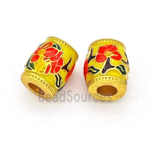 Copper Barrel Beads Multicolor Painted Flower Large Hole Gold Plated