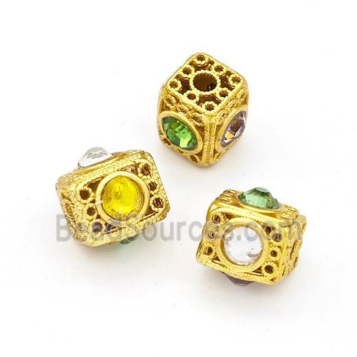 Copper Cube Beads Pave Rhinestone Hollow Gold Plated