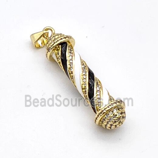 Barber Pole Charms Copper Stick Pendant Pave Zirconia Black White Enamel Gold Plated