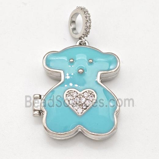 Copper Bear Locket Pendant Pave Zirconia Heart Teal Enamel Platinum Plated