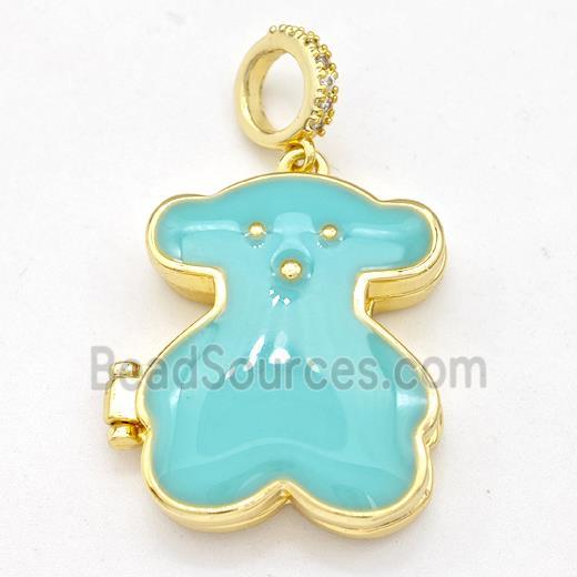 Copper Bear Locket Pendant Green Enamel Gold Plated