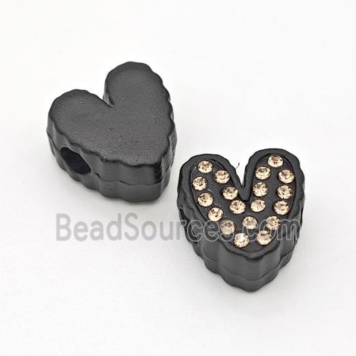 Black Resin Heart Beads Micro Pave Rhinestone Large Hole