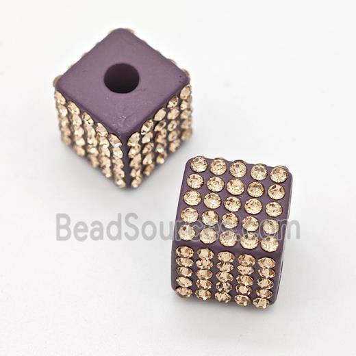 Resin Cube Beads Micro Pave Rhinestone Large Hole Purple