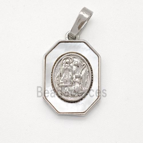 Virgin Mary Charms Copper Pendant Pave Shell Platinum Plated