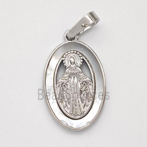 Virgin Mary Charms Copper Pendant Pave Shell Platinum Plated