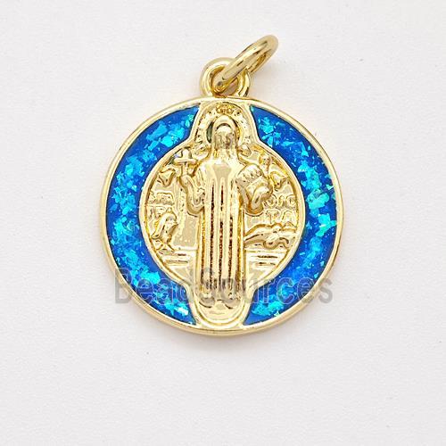 Jesus Charms Copper Pendant Pave Blue Fire Opal 18K Gold Plated