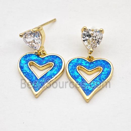 Copper Heart Stud Earrings Pave Blue Fire Opal 18K Gold Plated