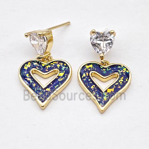 Copper Heart Stud Earrings Pave Fire Opal 18K Gold Plated