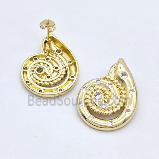 Copper Stud Earrings Micro Pave Zirconia Nautilus Shell Gold Plated